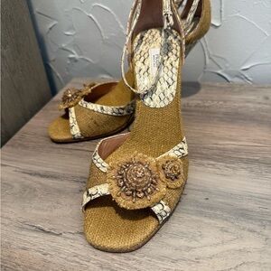Prada Raffia & Snakeskin Embellished Sandal Heels Size 37.5 Made in Italy